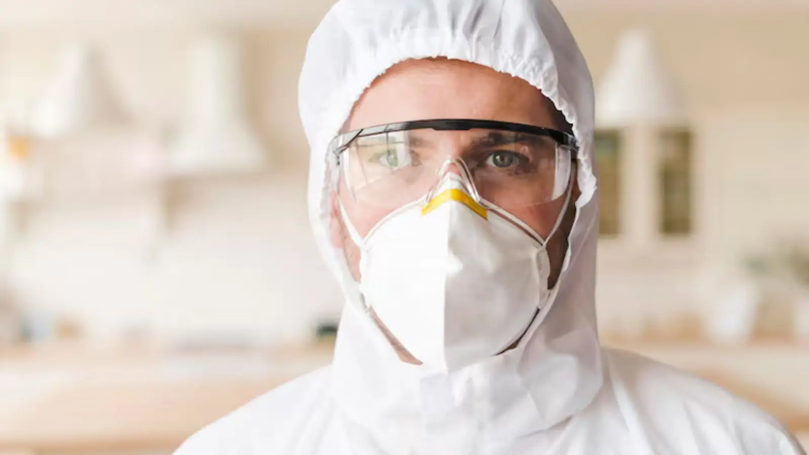 Person in a white protective suit, safety glasses and dust mask looking at the camera
