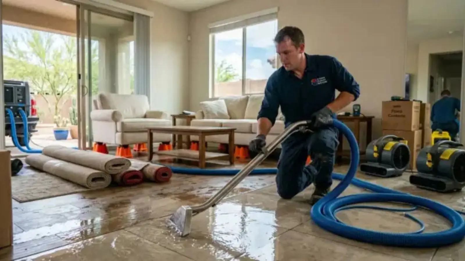 Technician extracting water from a wet living room floor with a hose and air movers set up behind him