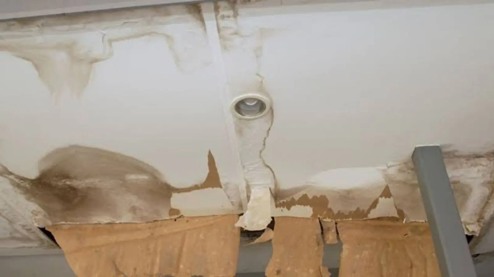 Water-stained ceiling with peeling paint and torn drywall paper around a light fixture